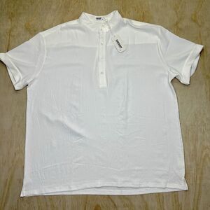 NEW XXL COOFANDY Mens Summer Henley Button Vacation Collarless Shirt White